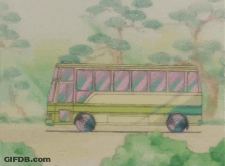 A Drawing Of A Bus Driving Through A Lush Green Forest GIF
