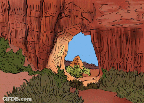A Drawing Of A Canyon With A Blue Sky And Trees GIF