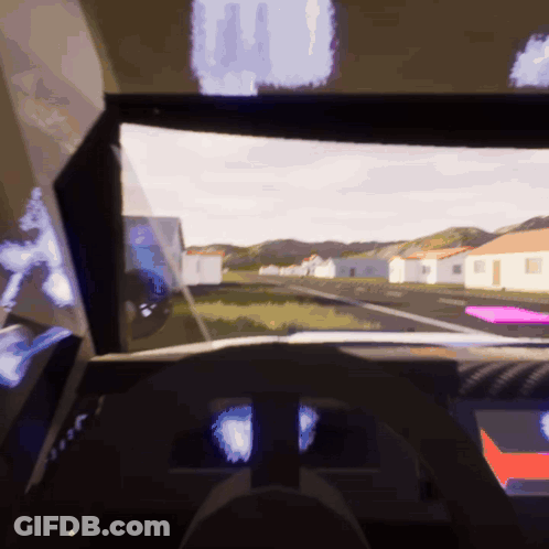 A Drawing Of A Car Driving Down A Road With Houses In The Background GIF