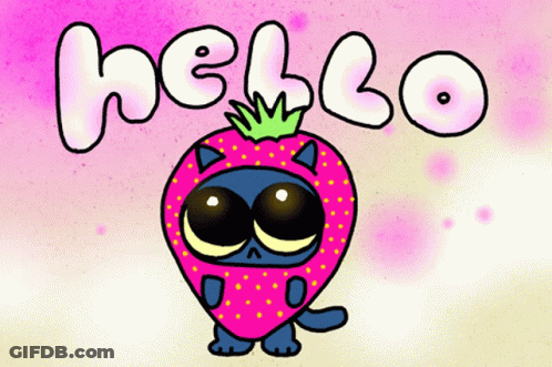 A Drawing Of A Cat Dressed As A Strawberry With The Word Hello Written Above It GIF