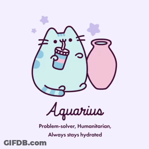 A Drawing Of A Cat Drinking From A Cup With The Word Aquarius On The Bottom GIF