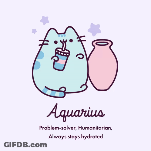 A Drawing Of A Cat Drinking From A Cup With The Word Aquarius Written Underneath It GIF