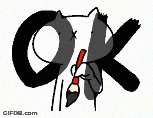 A Drawing Of A Cat Holding A Brush In Front Of The Word Ok GIF