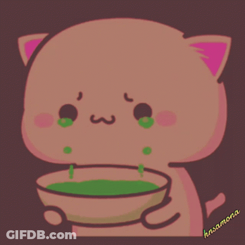 A Drawing Of A Cat Holding A Cup Of Green Tea With The Name Hnsama On The Bottom GIF