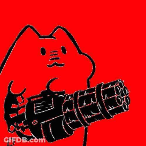 A Drawing Of A Cat Holding A Machine Gun GIF