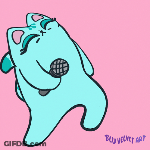 A Drawing Of A Cat Holding A Microphone With The Words Bluvelvet Art Written Below It GIF