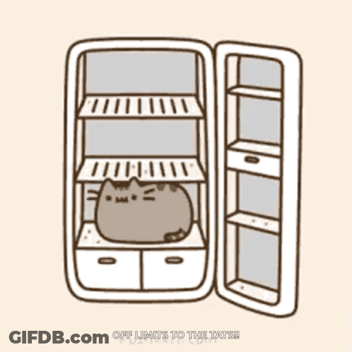 A Drawing Of A Cat In An Empty Refrigerator With The Words Off Limits To The Taters Written Below It GIF