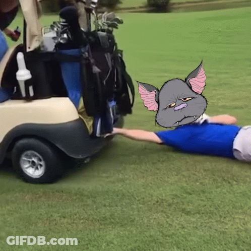 A Drawing Of A Cat Pulling A Man In A Golf Cart On A Golf Course GIF