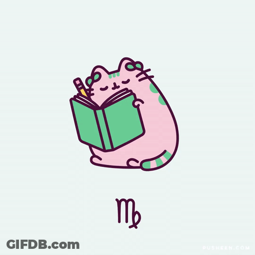 A Drawing Of A Cat Reading A Book With The Letter M On The Bottom GIF