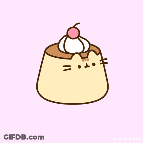 A Drawing Of A Cat Shaped Pudding With Whipped Cream And A Cherry On Top Of It GIF