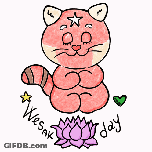 A Drawing Of A Cat Sitting On A Lotus Flower With The Words Wesak Day Below It GIF