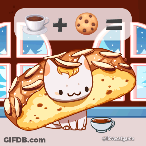 A Drawing Of A Cat Sitting On Top Of A Bread With A Cup Of Coffee And A Cookie GIF