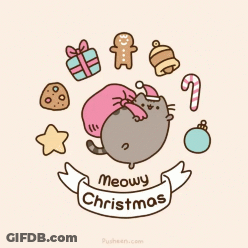 A Drawing Of A Cat Surrounded By Christmas Decorations And The Words Meowy Christmas On A Banner GIF