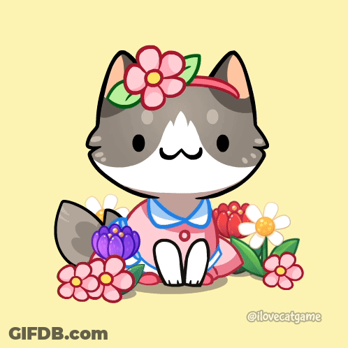 A Drawing Of A Cat Surrounded By Flowers With Ilovecatgame Written On The Bottom GIF