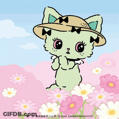 A Drawing Of A Cat Wearing A Hat Surrounded By Flowers GIF