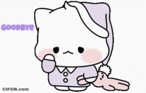 A Drawing Of A Cat Wearing A Purple Hat With The Word Goodbye Written Below It GIF