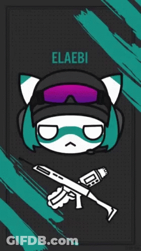 A Drawing Of A Cat With A Gun And The Name Elaebi On It GIF
