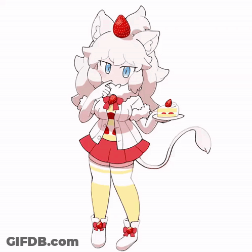 A Drawing Of A Cat With A Strawberry On Her Head Holding A Piece Of Cake GIF