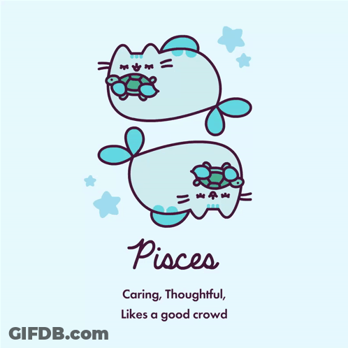 A Drawing Of A Cat With A Turtle On Its Head That Says Pisces Caring Thoughtful Likes A Good Crowd GIF
