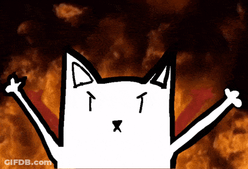 A Drawing Of A Cat With Its Arms Outstretched Against A Fire Background GIF