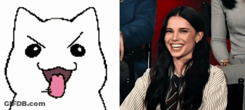 A Drawing Of A Cat With Its Tongue Out Next To A Picture Of A Smiling Woman GIF