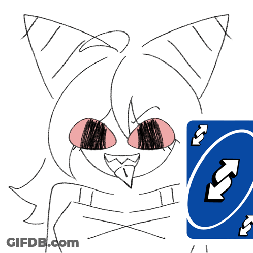 A Drawing Of A Cat With Red Eyes Next To A Blue Uno Card GIF
