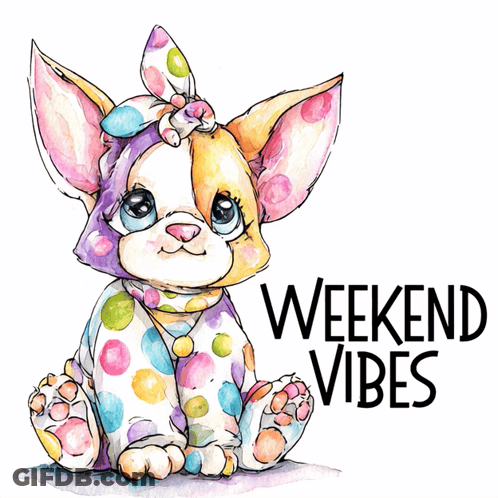 A Drawing Of A Cat With The Words Weekend Vibes Written Below It GIF