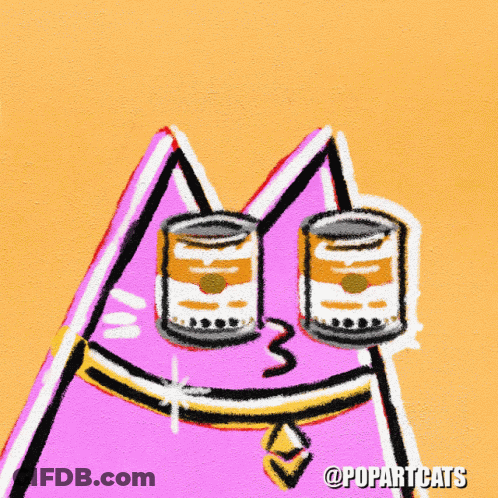 A Drawing Of A Cat With Two Cans Of Soup In Its Eyes GIF
