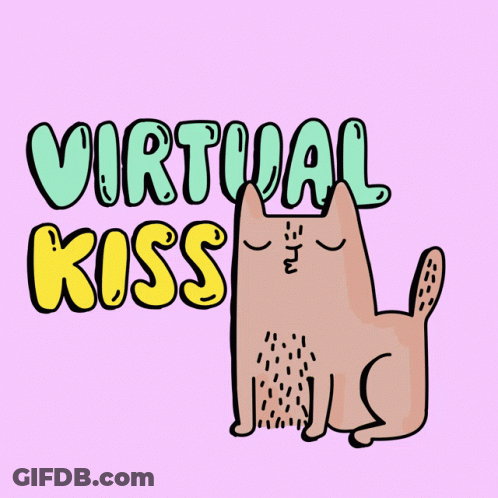 A Drawing Of A Cat With Virtual Kiss Written On It GIF