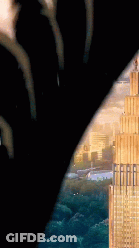 A Drawing Of A City And A Tower With The Letter E On The Top GIF