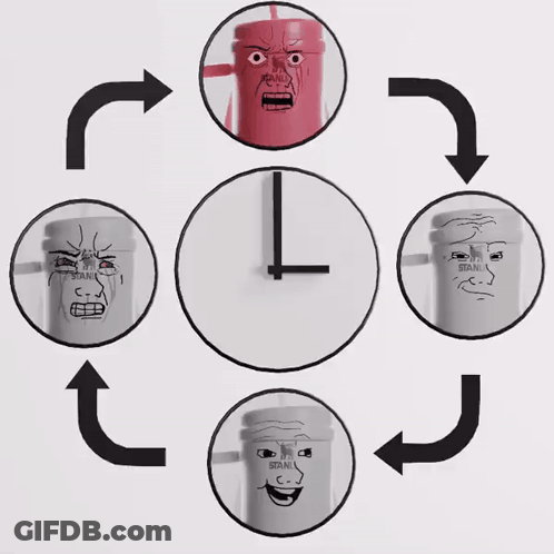 A Drawing Of A Clock With Faces On It And The Words Stanley On It GIF