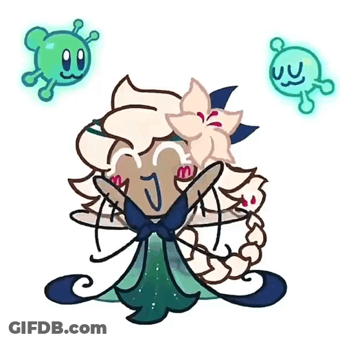 A Drawing Of A Cookie With A Flower In Her Hair And A Flower In Her Mouth GIF