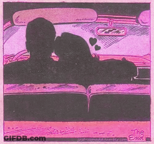 A Drawing Of A Couple Kissing In A Car With The Words " The End " On The Bottom Right GIF