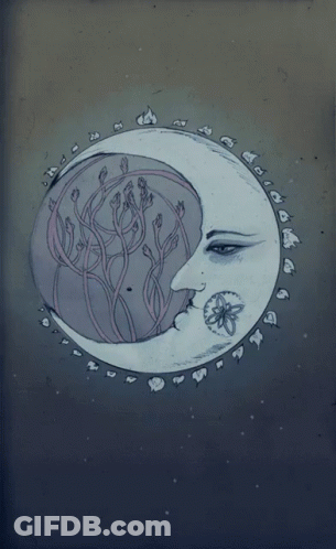 A Drawing Of A Crescent Moon With A Woman 'S Face Inside Of It GIF