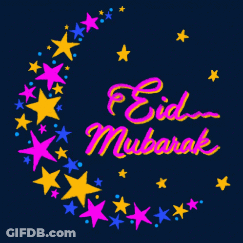 A Drawing Of A Crescent Moon With The Words ' Eid Mubarak ' On It GIF