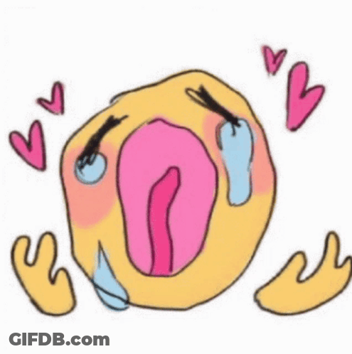 A Drawing Of A Crying Smiley Face With Hearts Around It And Tears Coming Out Of It . GIF