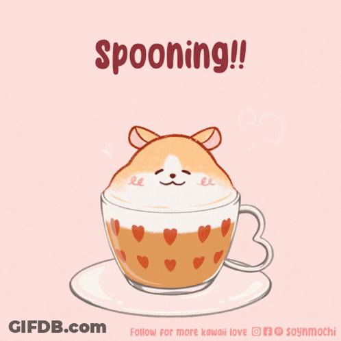 A Drawing Of A Cup Of Coffee With A Hamster On Top And The Words Spooning Below It GIF