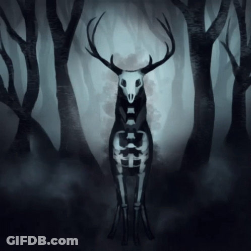 A Drawing Of A Deer With A Skull And Skeleton GIF