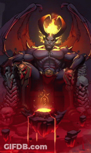 A Drawing Of A Demon With Horns And A Skull Belt GIF