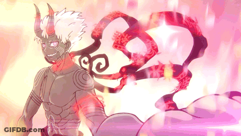 A Drawing Of A Demon With Horns And A Swirl On His Back GIF