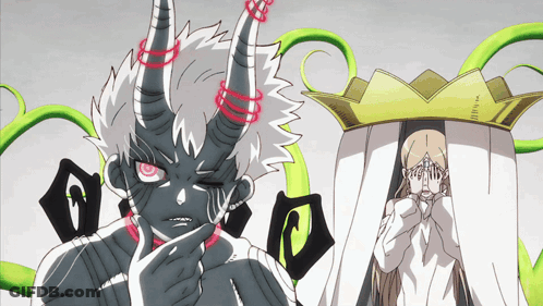 A Drawing Of A Demon With Horns And A Woman Covering Her Face GIF