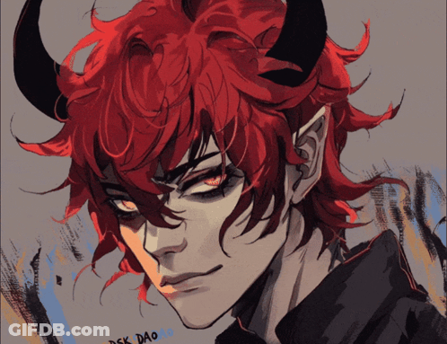 A Drawing Of A Demon With Red Hair And Horns Is Titled Ask Dao GIF