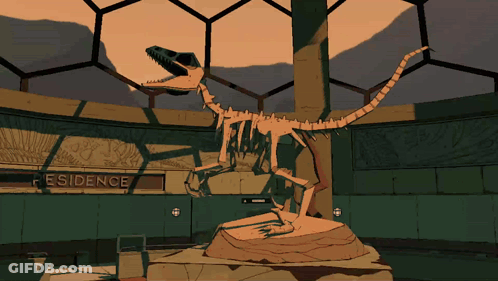 A Drawing Of A Dinosaur Skeleton In Front Of A Sign That Says Evidence GIF