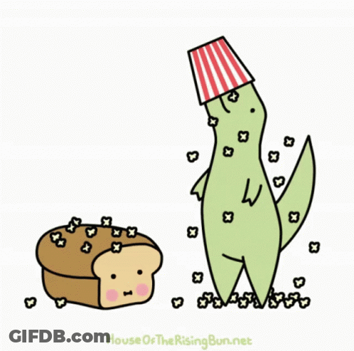 A Drawing Of A Dinosaur Standing Next To A Slice Of Bread GIF