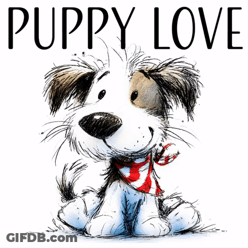 A Drawing Of A Dog With A Scarf Around Its Neck And The Words Puppy Love Below It GIF