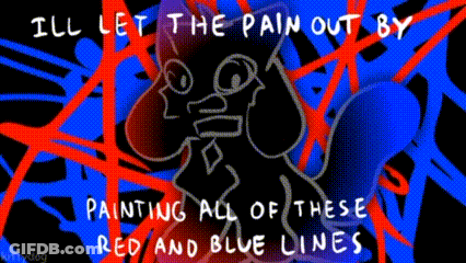 A Drawing Of A Dog With The Words " Ill Let The Pain Out By Painting All Of These Red And Blue Lines " On It GIF