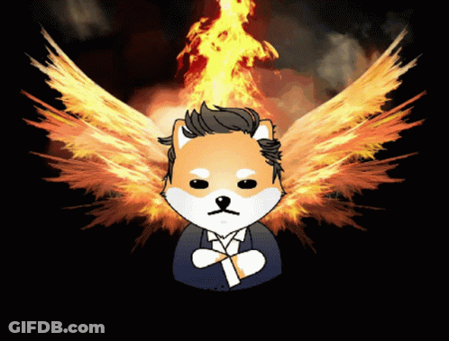 A Drawing Of A Dog With Wings And A Fire Background GIF