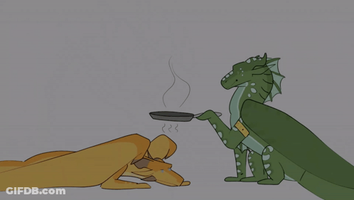A Drawing Of A Dragon Holding A Pan Next To Another Dragon GIF