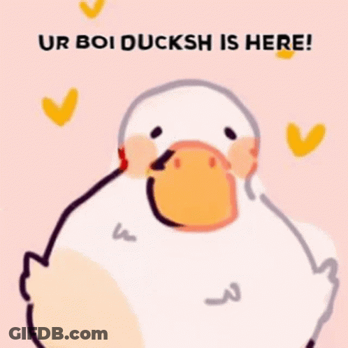 A Drawing Of A Duck With The Words `` Ur Boi Ducksh Is Here '' Written On It . GIF