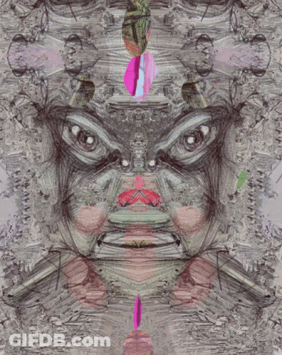 A Drawing Of A Face With A Pink Feather In The Middle GIF
